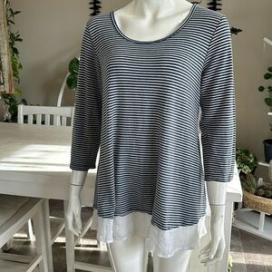 Bobeau long sleeve, navy blue and white Boho shirt, layered crew neck